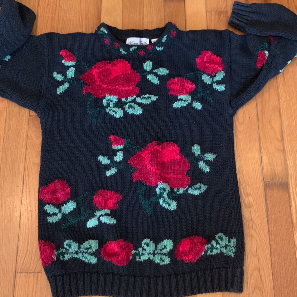 80’s ROSES FLORAL SWEATER CHENILLE - Picture 9 of 14